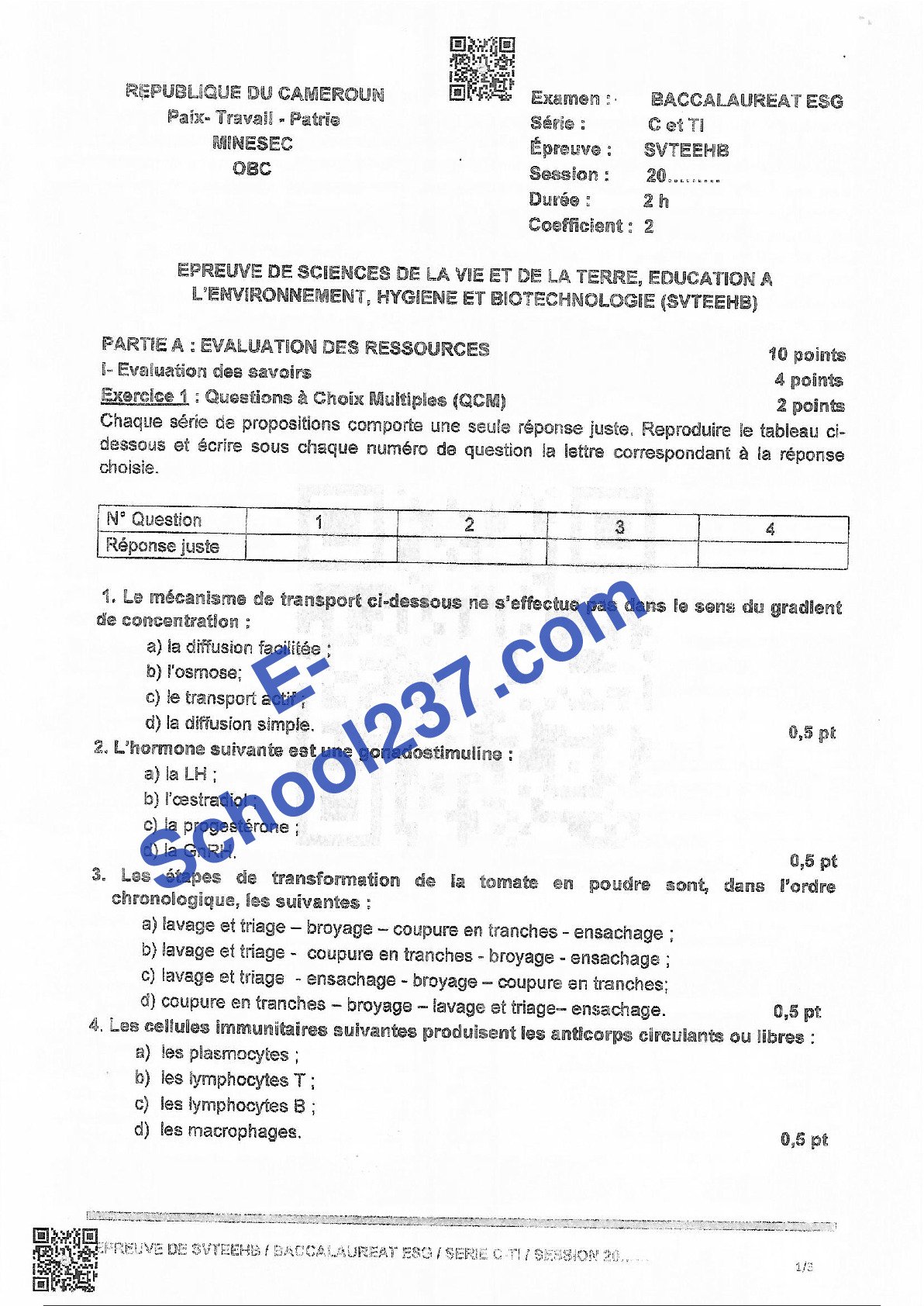 preuve de SVTEEHB + Corrigé – Baccalauréat 2025 – Série C, TI – Cameroun